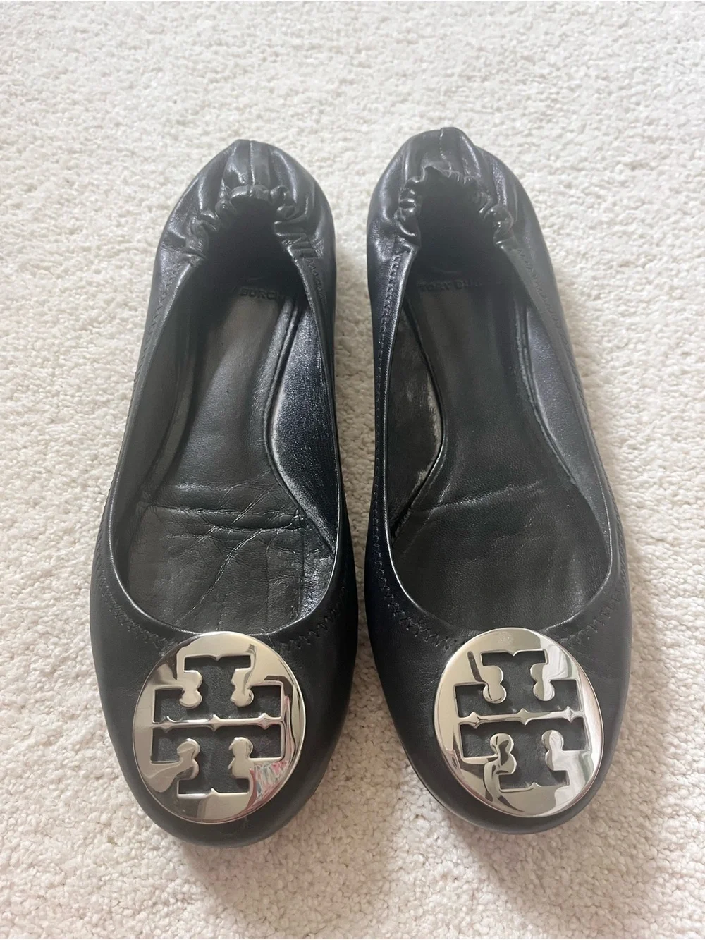 Tory Burch Black Leather Ballet Flats with Silver Logo Medallion